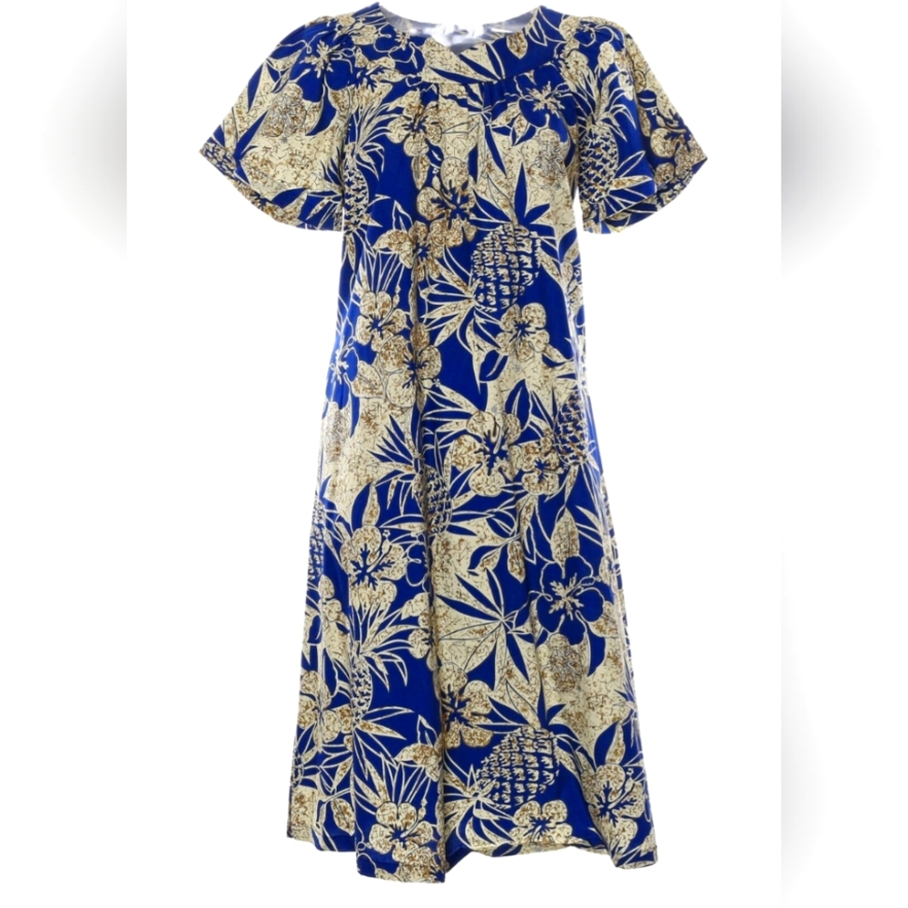 Two Palms Pineapple Garden Navy Cotton Hawaiian Muumuu Dress